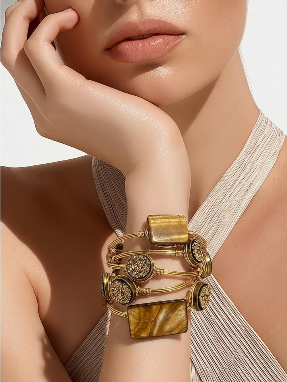 Gold-Tone Brown Stone Multi-Row Bangle Bracelets, 3 slip on, diameter 2.5”